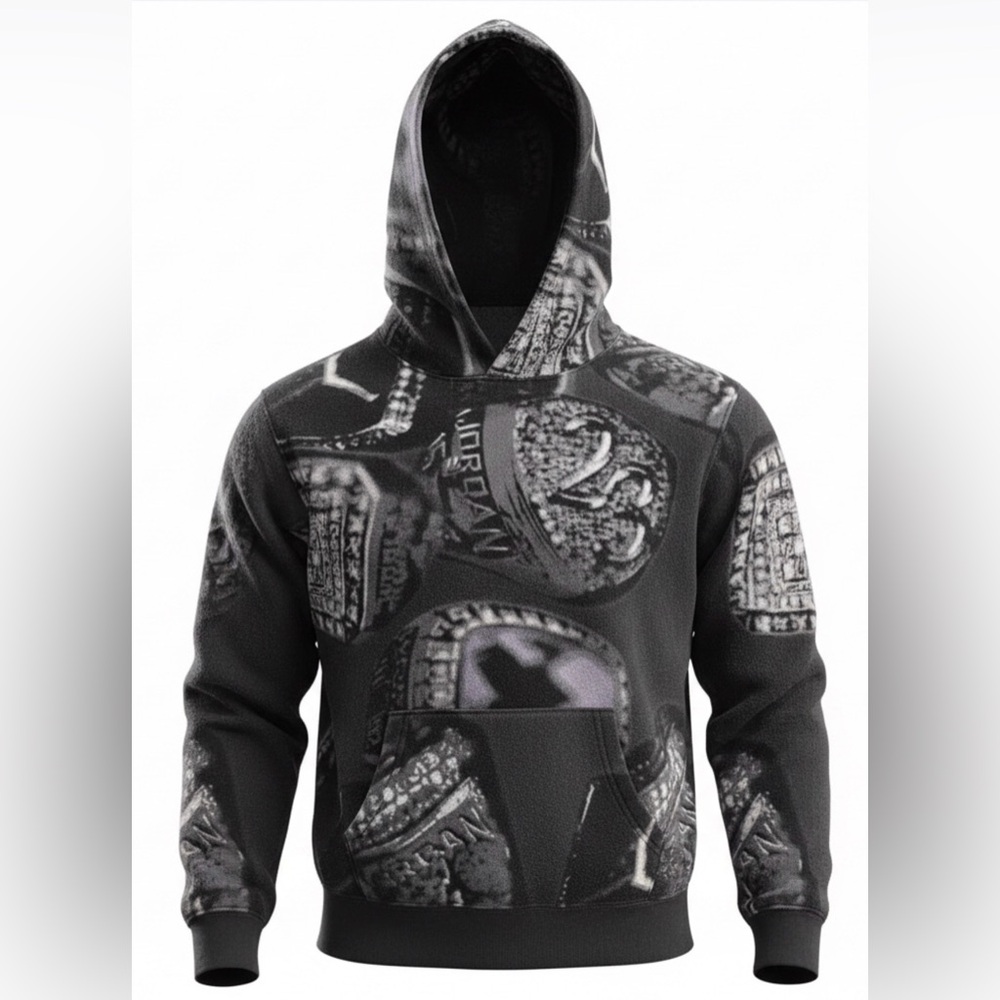 Boys Jordan Black and Gray Championship Ring Print Hoodie size Large